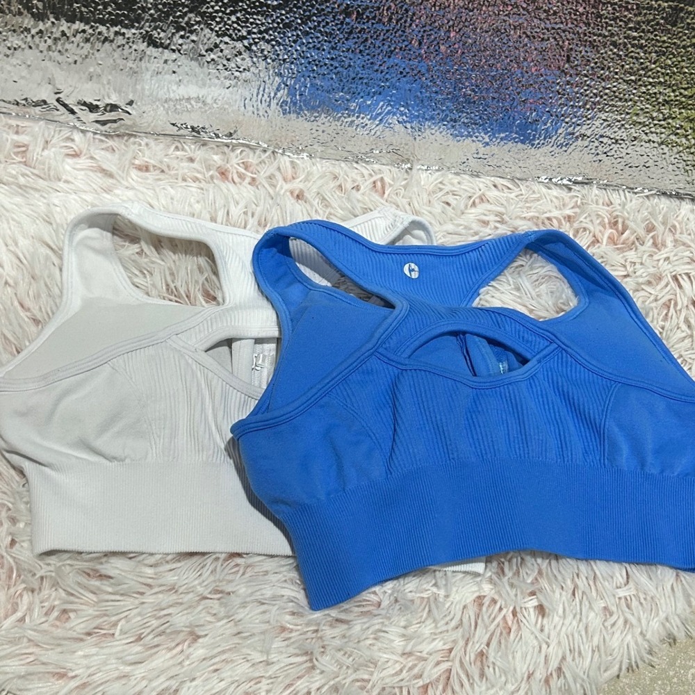 Bundle of 2 Sports Bra Women Large Blue White Zip Front Ribbed Activewear Gym - Picture 2 of 6